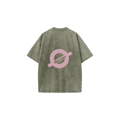 Back flat lay of Ogender washed sage green tee showing the iconic back branding