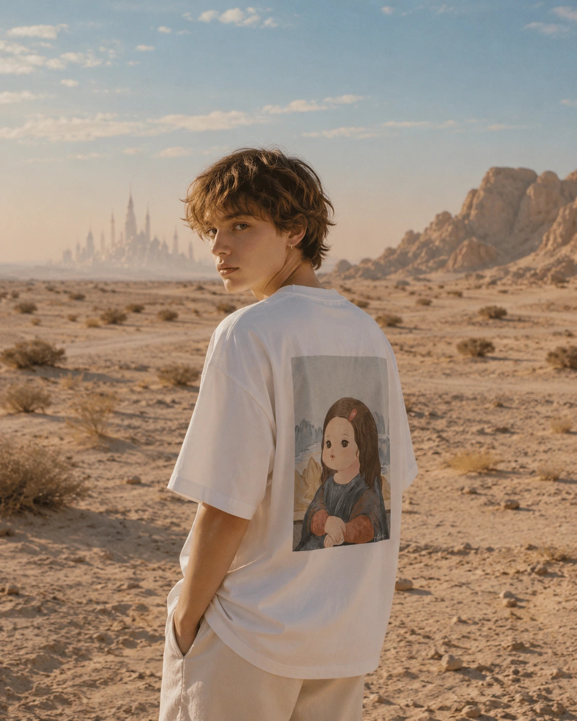Androgynous Russian model wearing an oversized white graphic tee with back artwork walking through a desert landscape with a distant mirage.