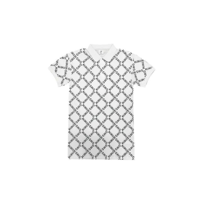 Front view of the white 230 GSM pique mesh polo dress with all-over logo print and side slits.