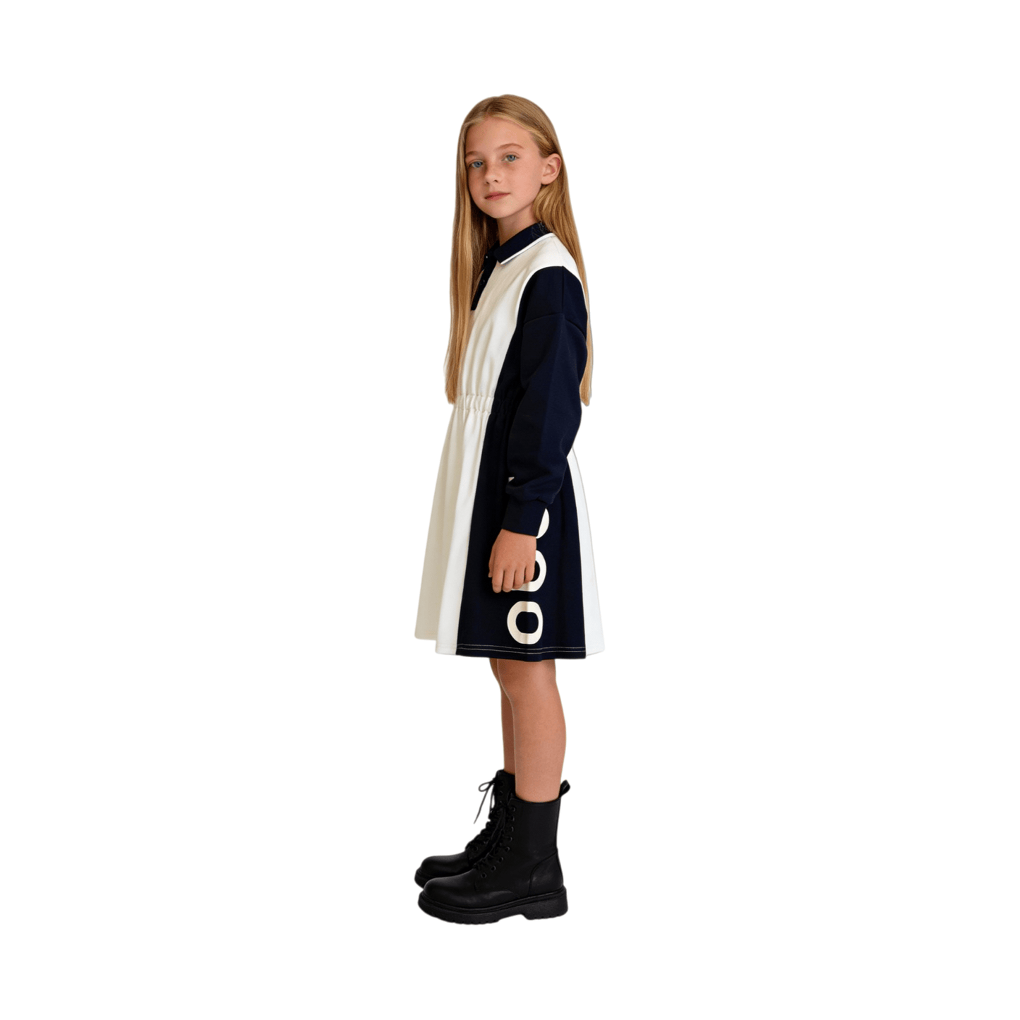 Side view of a girl wearing the dark navy and white color-block polo dress, showcasing the structured silhouette and the bold "nono" graphics.