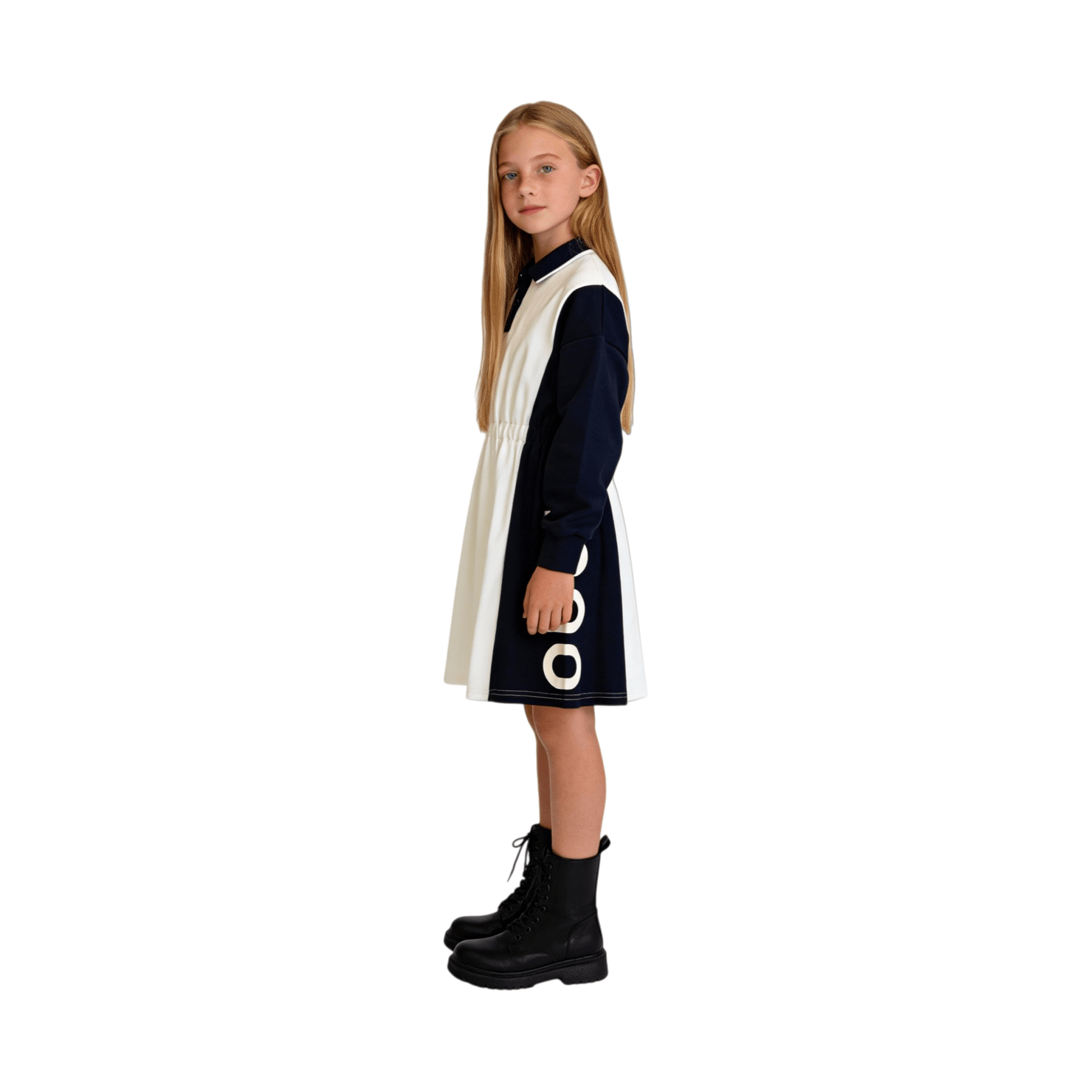 Side view of a girl wearing the dark navy and white color-block polo dress, showcasing the structured silhouette and the bold "nono" graphics.