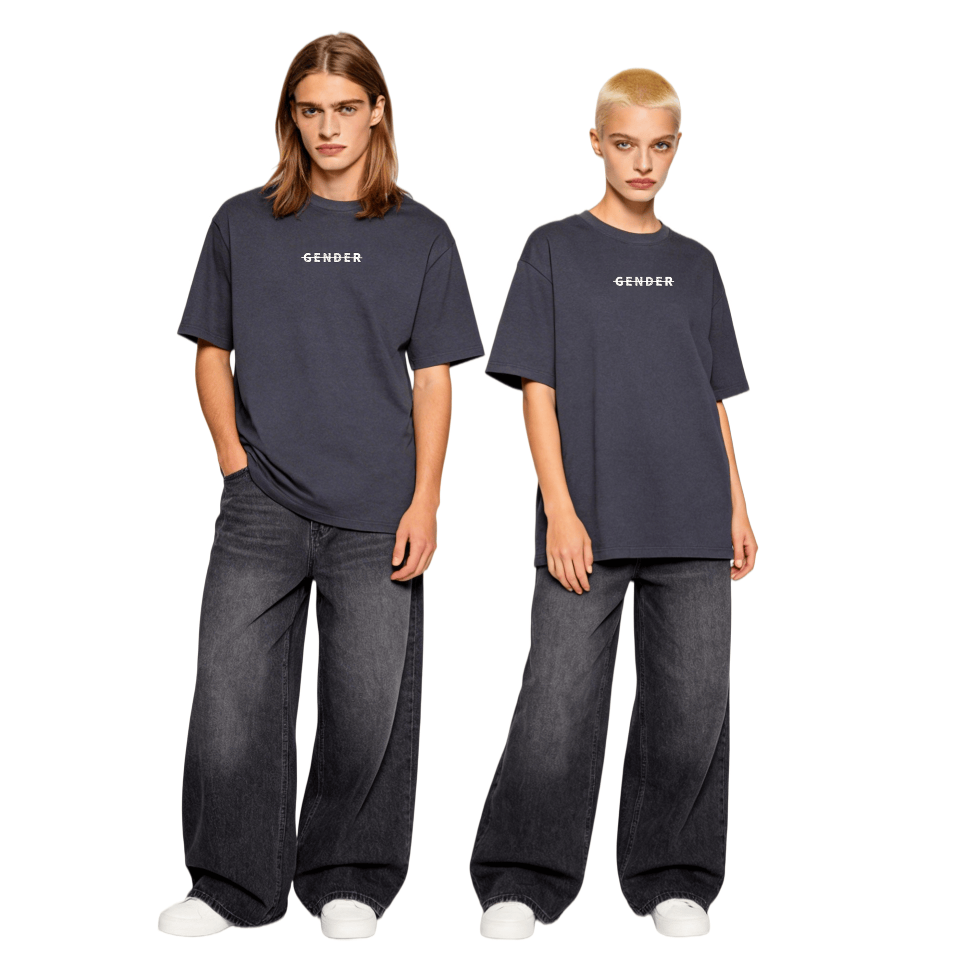 Young male and female models in matching Ogender deep gray oversized tees and wide-leg denim jeans, showcasing a coordinated unisex streetwear look.