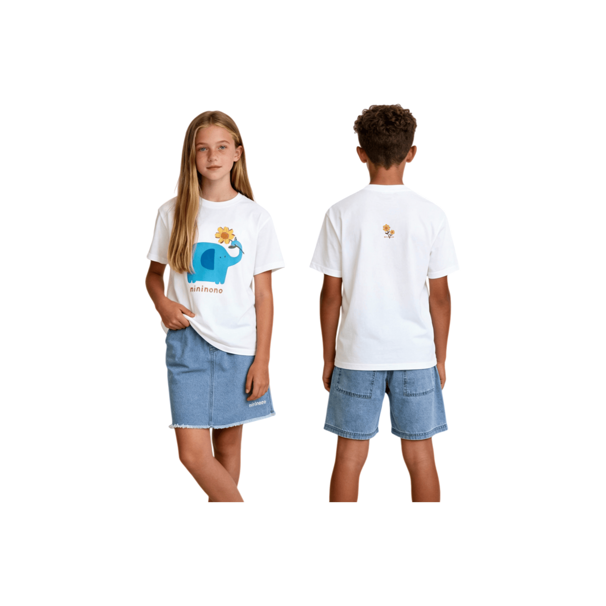 A girl and boy wearing the oversized elephant graphic tees, showcasing the relaxed gender-neutral fit and vibrant print.