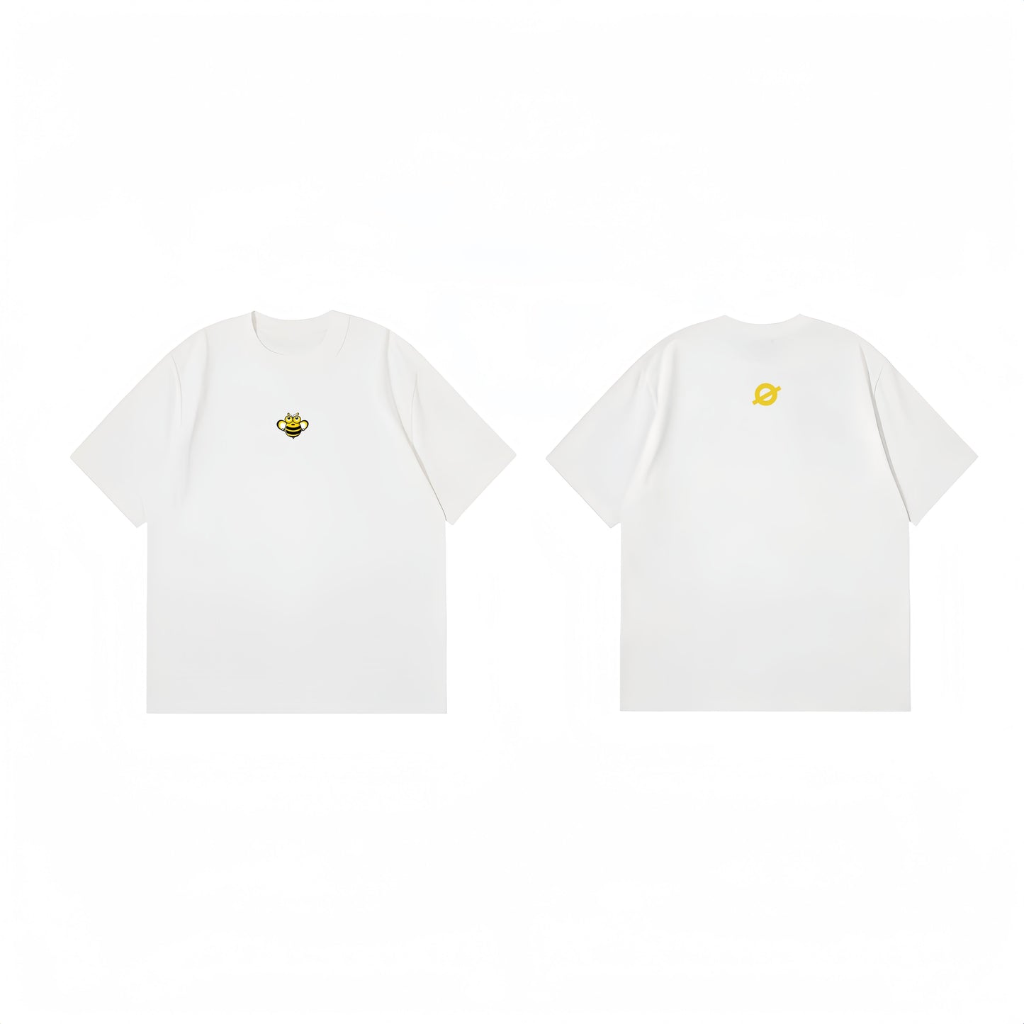ØGENDER white unisex oversized tee with a yellow bumblebee graphic, premium basics for everyday wear.