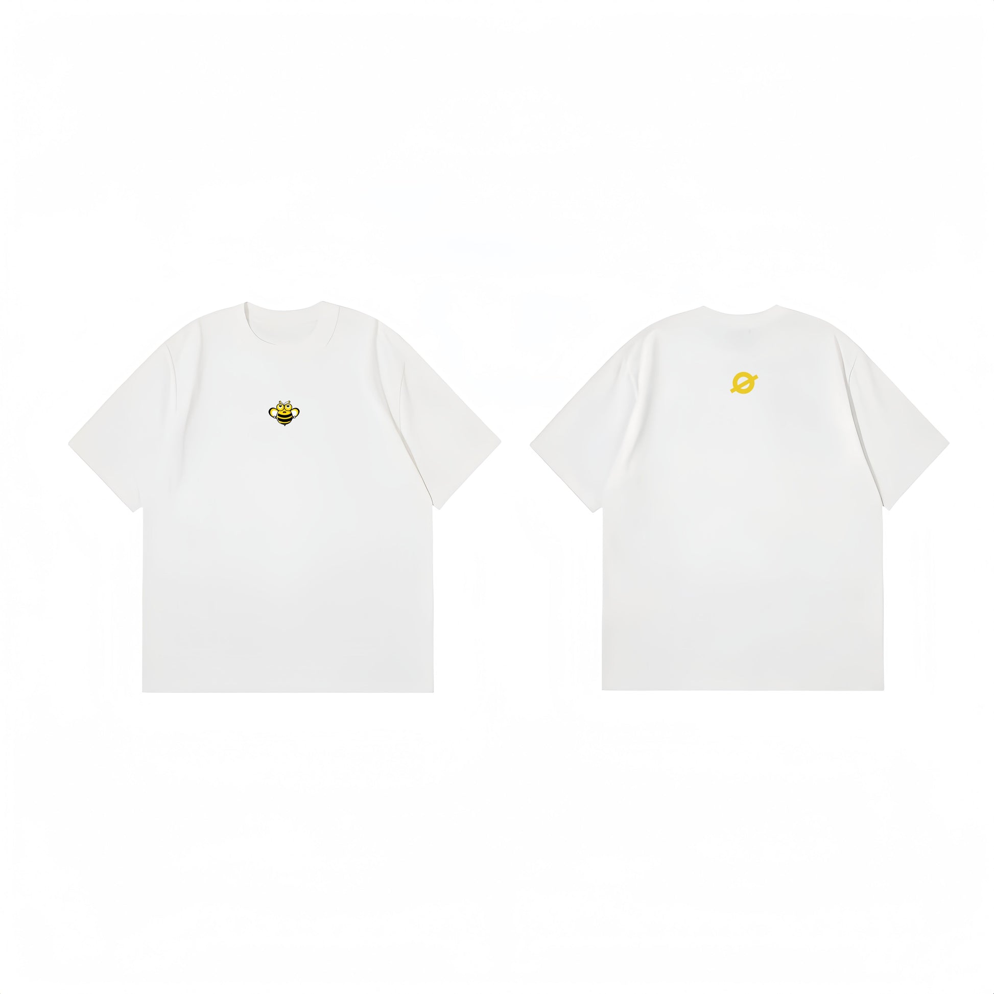 ØGENDER white unisex oversized tee with a yellow bumblebee graphic, premium basics for everyday wear.