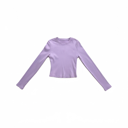 Ogender purple slim fit cropped long sleeve tee with embroidered smiley face, 290g heavyweight fabric.