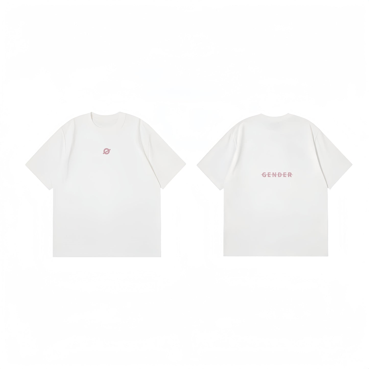 ØGENDER Basic Series 2 white oversized t-shirt, featuring the signature "Ø" logo on the front and "Gender" graphic on the back.