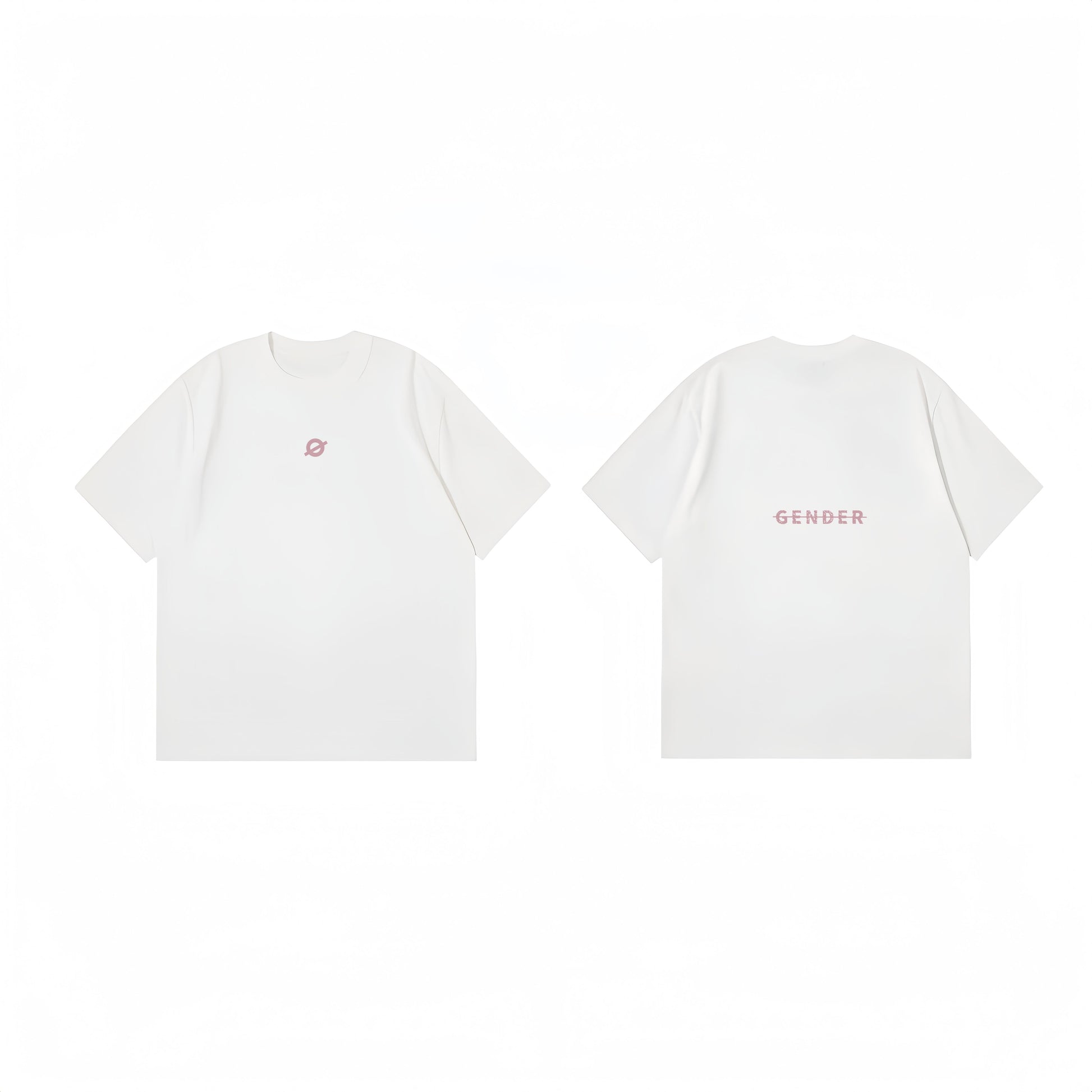 ØGENDER Basic Series 2 white oversized t-shirt, featuring the signature "Ø" logo on the front and "Gender" graphic on the back.