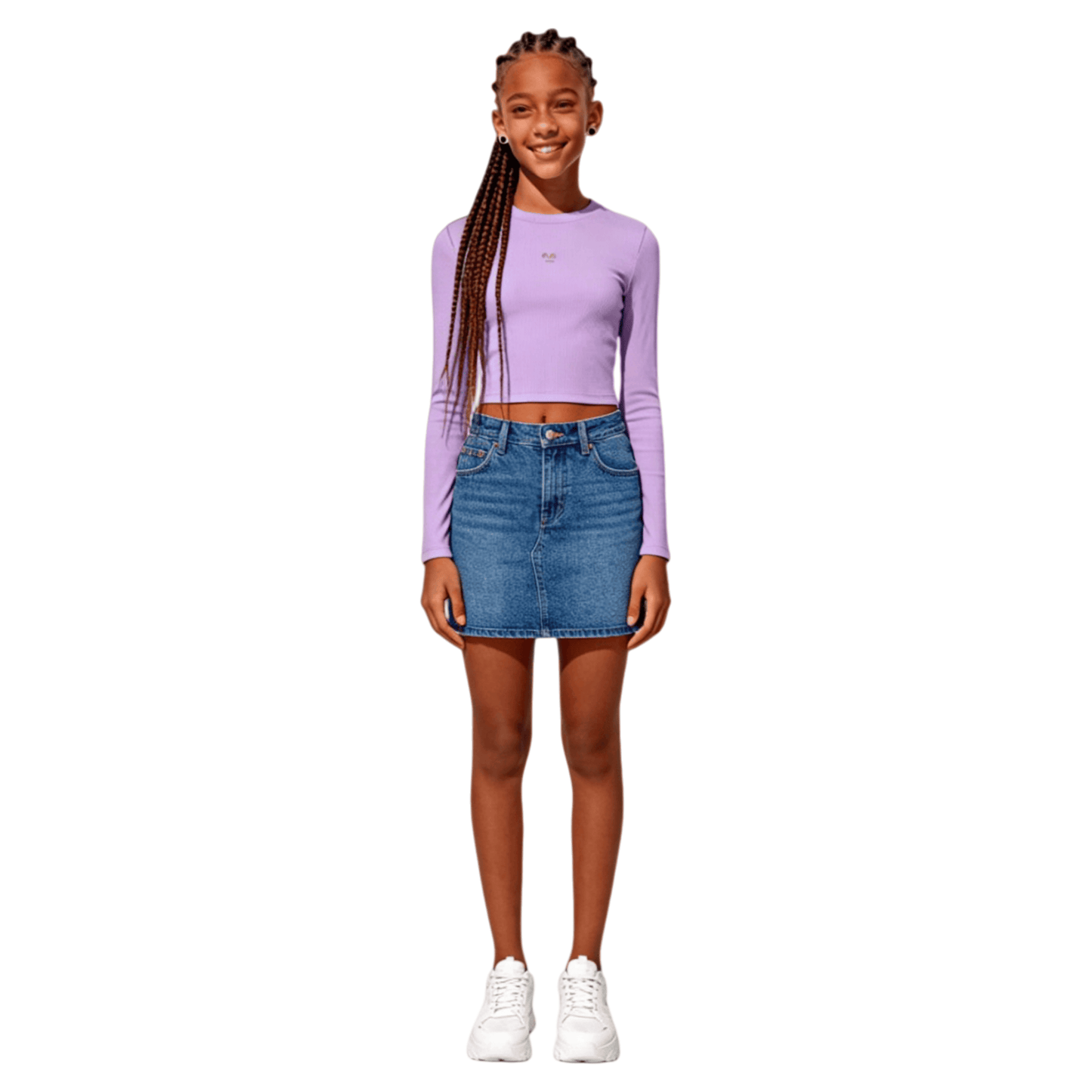 Teenager model wearing dusty purple cropped tee with denim skirt, chic and modern aesthetic look.